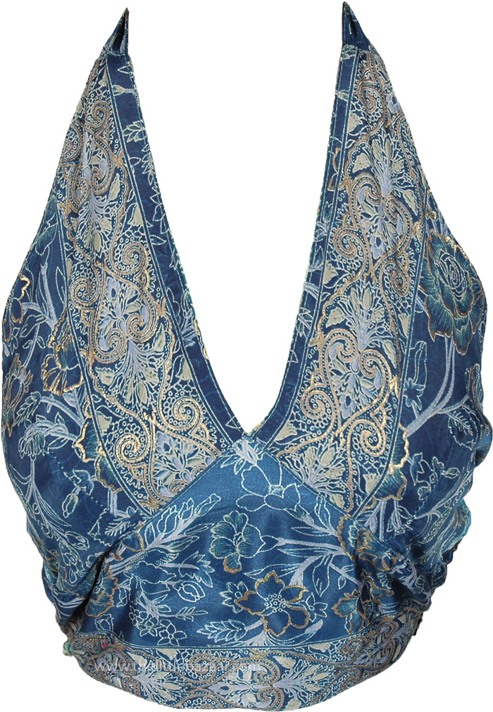 Teal Green Gold Reversible Floral Halter Crop