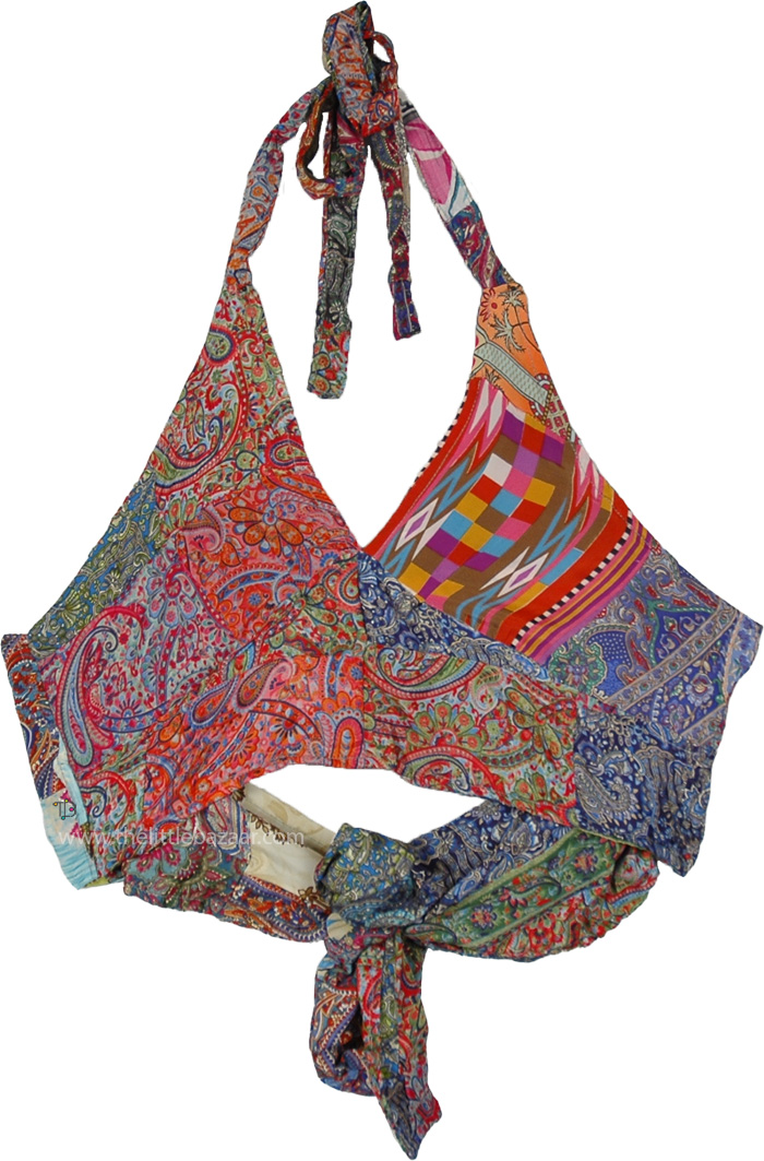 Kaleidoscope Patchwork Backless Halter Crop Top