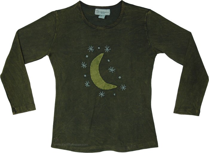 Luna Sage Cotton Top with with Floral Embroidery, Crescent Moon Celestial Boho Long Sleeve Top