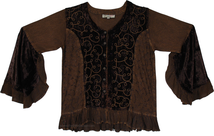 Medieval Traditional Vintage Blouse with Front Buttons, Saddle Velvet Trumpet Sleeve Embroidered Top Blouse
