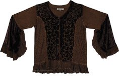Saddle Velvet Trumpet Sleeve Embroidered Top Blouse