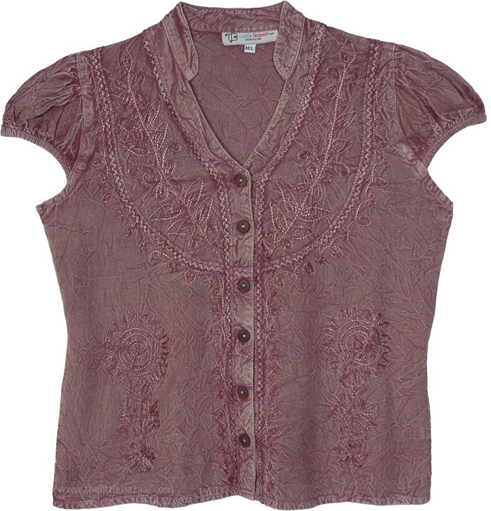 Mauve Embroidered Vintage Button Front Top