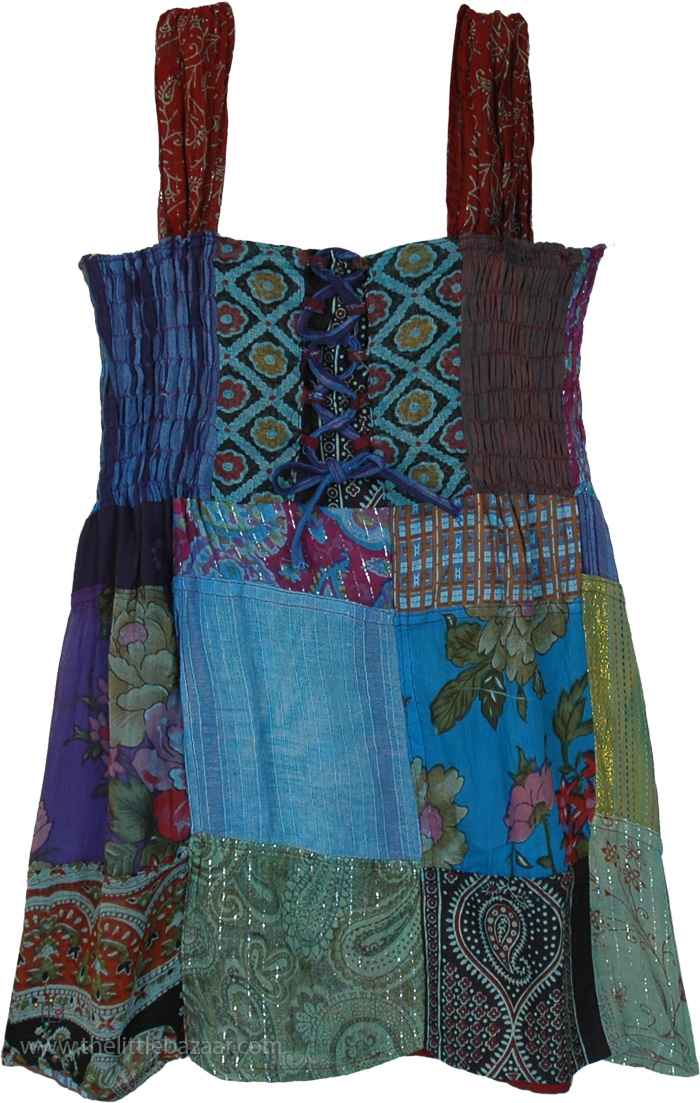 Blue Tinsel Cotton Patchwork Smocked Top