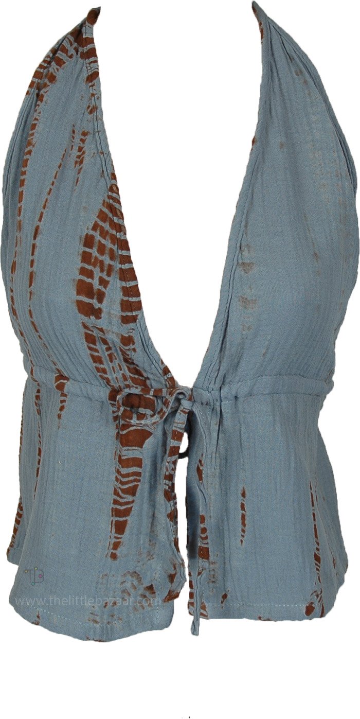 Dusk Blue Tie Dye Halter Split Front Crop Top