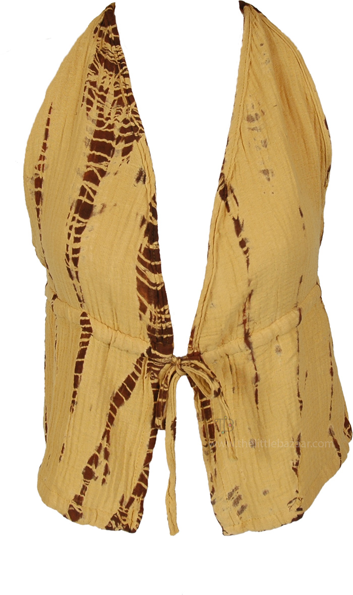 Honey Mustard Tie Dye Boho Halter Top, Saffron Honey Tie-Dye Halter Crop Top