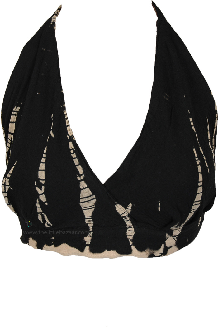 Black Beige Hand-Dyed Halter Tankini, Black Tie Dye Boho Festival Tankini Top