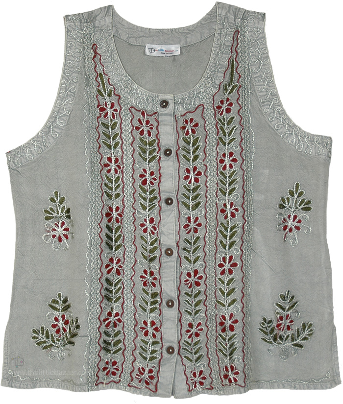 Washed Sage Folk Art Boho Vest Top
