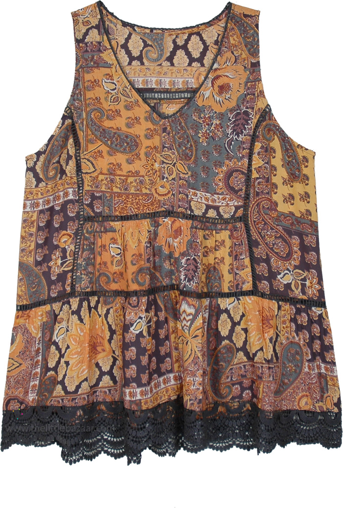 Sunset Paisley Crochet Trim Boho Tunic Tank Top