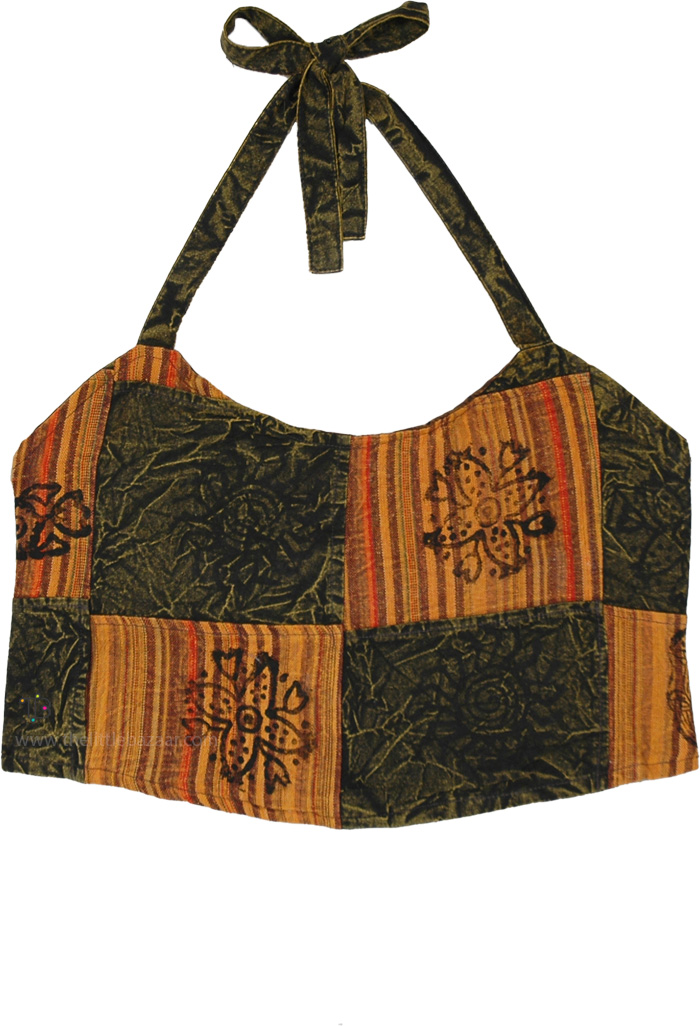 Mustard Earth Block-Print Boho Halter Crop Top