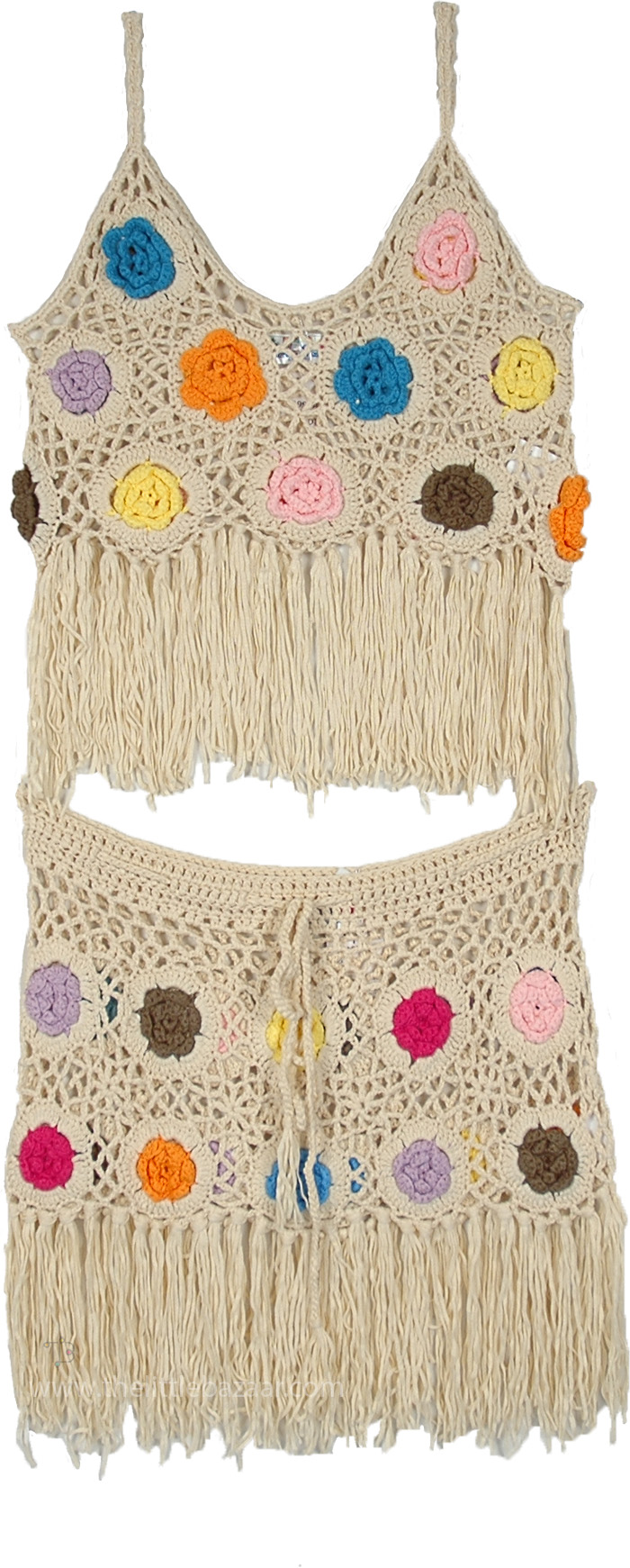 Applique Floral Crochet Top and Shorts with Tassels
