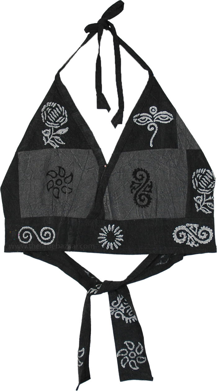 Charcoal Black Bloom Patchwork Halter Top