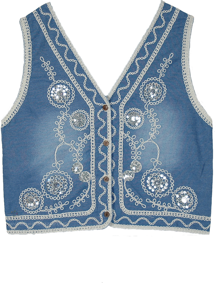 Sky Wash Boho Embroidered Denim Vest, Bluebell Embroidered Sequin Denim Boho Vest