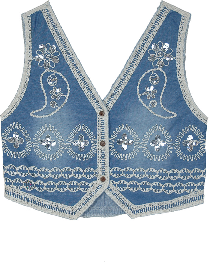 Misty Meadow Sequin Crochet Trim Denim Vest