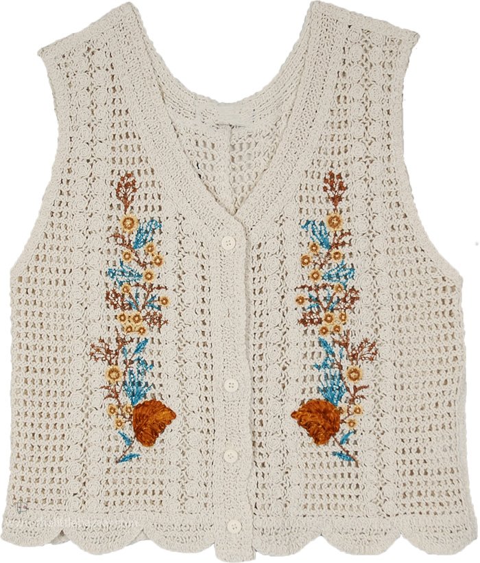 Cream Meadow Bloom Cotton Crochet Vest