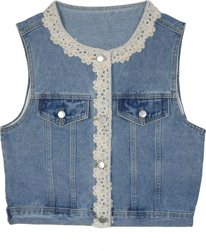 Meadow Wash Lace Trim Denim Boho Vest