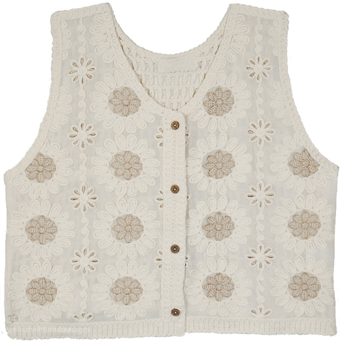 Beige Cream Floral Embroidered Crochet Vest