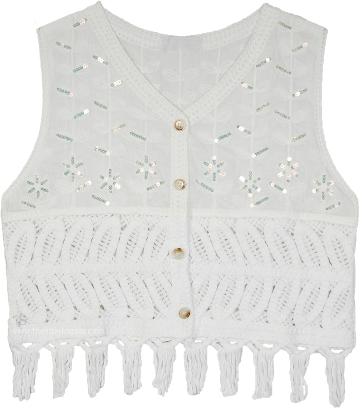 White Meadow Sequin Fringe Festival Vest