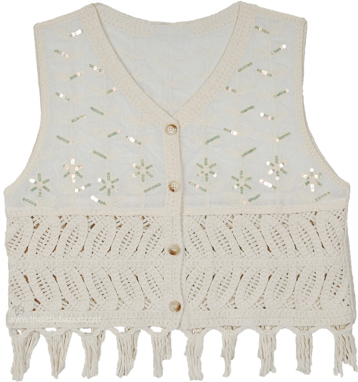 Soft Oatmeal Tassel Sequin Fringe Vest