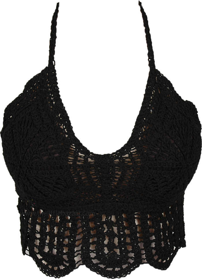 Beachy Boho Crochet Bikini Top Black