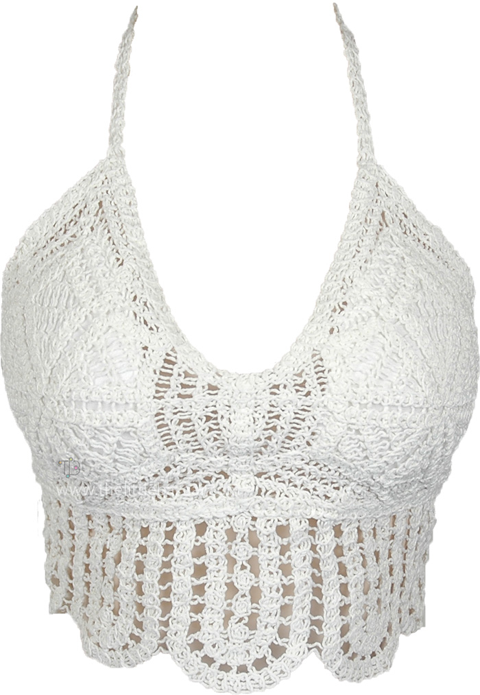 Dove White Boho Crochet Knit Bikini Top