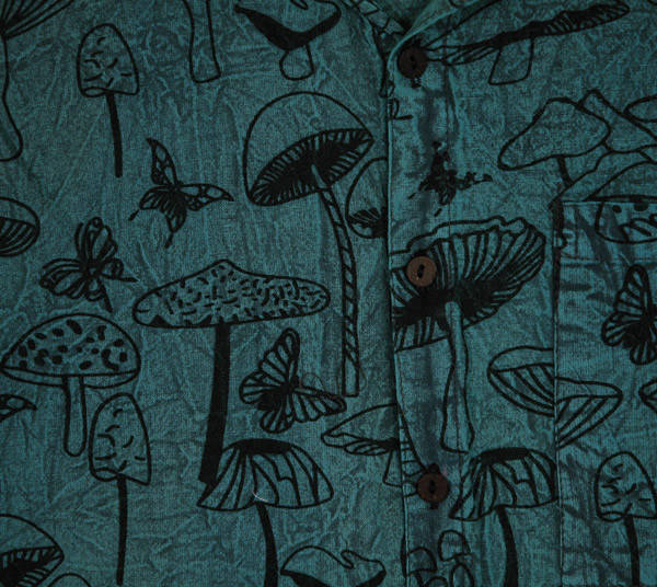 Teal Mushroom Print Cotton Short-Sleeve Shirt