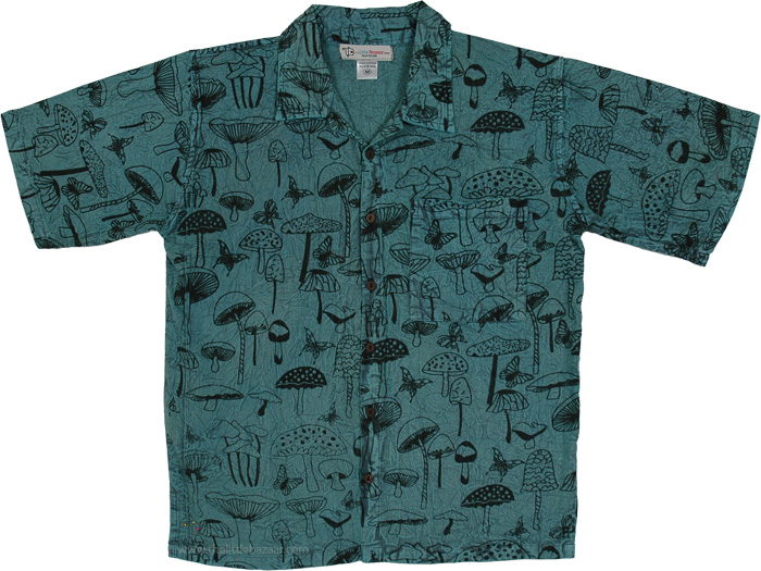 Teal Mushroom Print Cotton Short-Sleeve Shirt