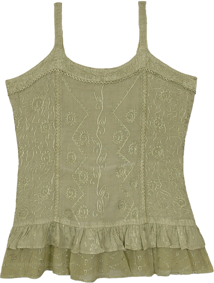 Vintage Summer Style Adjustable Strap Top in Sage, Sage Green Embroidered Summer Cami Tank Top