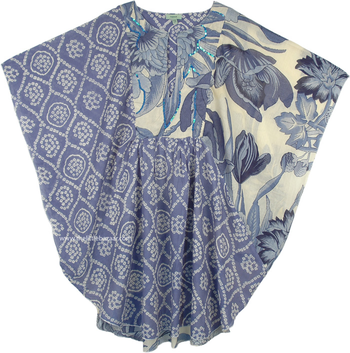 Lynch Blue Floral Womens Poncho Cotton Top Cover Up with Sequins