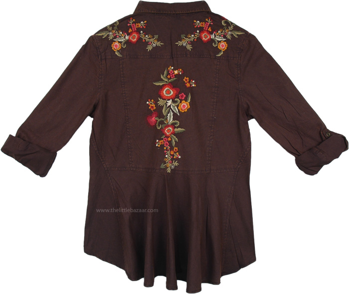 Black Brown Button Down Boho Fall Shirt with Floral Embroidery