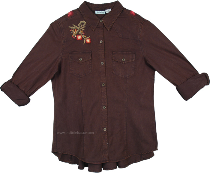 Black Brown Button Down Boho Fall Shirt with Floral Embroidery