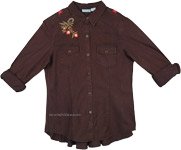 Black Brown Button Down Boho Fall Shirt with Floral Embroidery