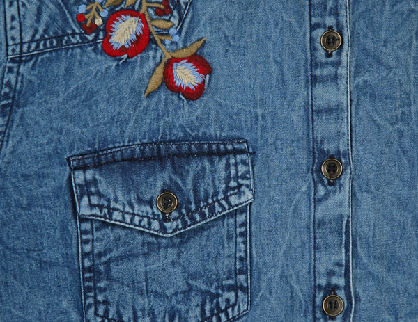 Denim Blue Western Chic Vintage Look Shirt with Embroidery