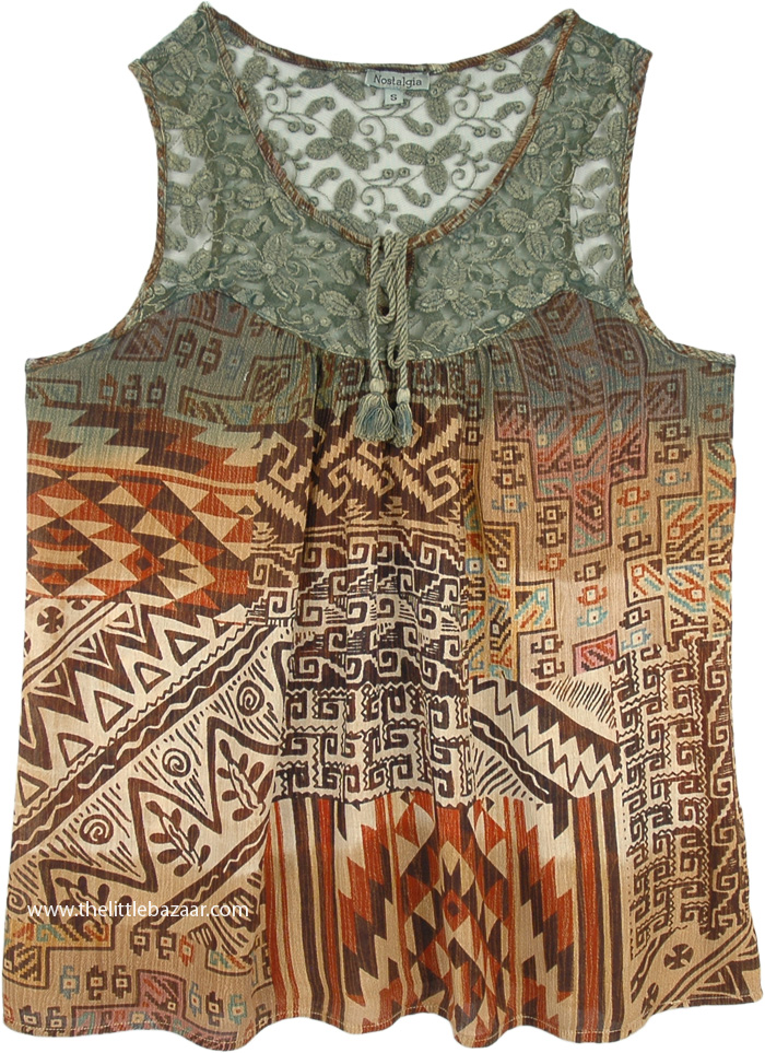 Aztec Printed Rayon Mesh Sleeveless Tunic Top