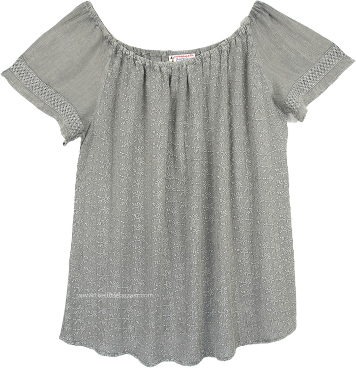 XL Size Boho Top Silver Grey Rayon with Embroidery