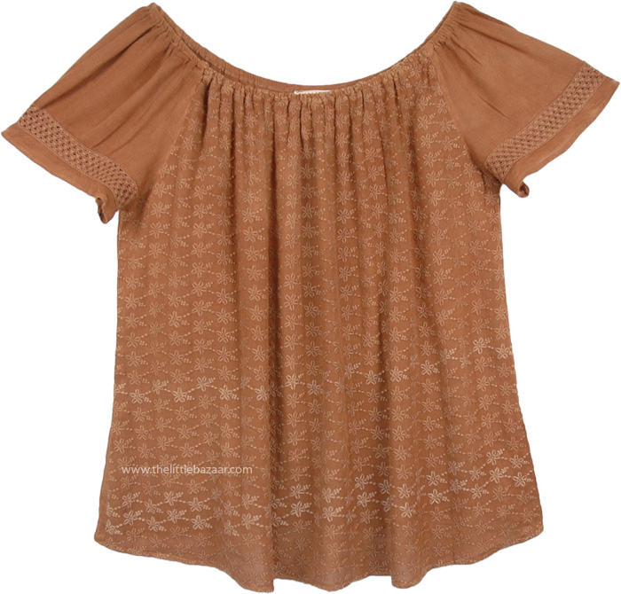 Tawny Brown Embroidered Flowers Gypsy XL Top