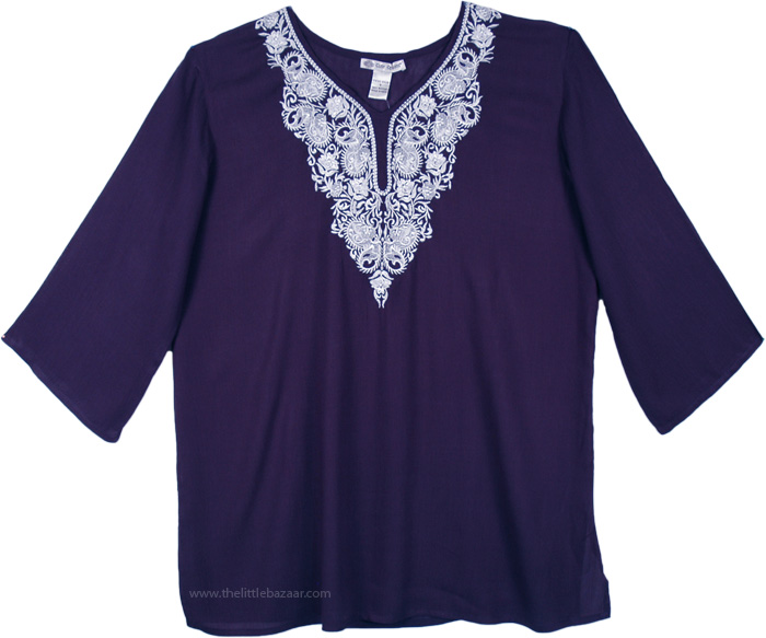 Navy and White Floral Embroidered Long Tunic Top