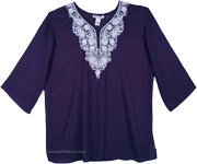 Tunic Top in Navy with White Floral Embroidery  [6469]