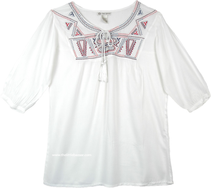 White Boho Tunic Top with Embroidery