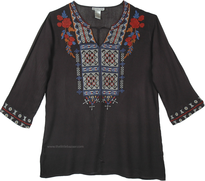 Boho Tunic Top in Black with Multicolored Embroidery