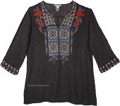 Black Tunic Style Shirt Cover Up with Block and Floral Embroidery [6471]