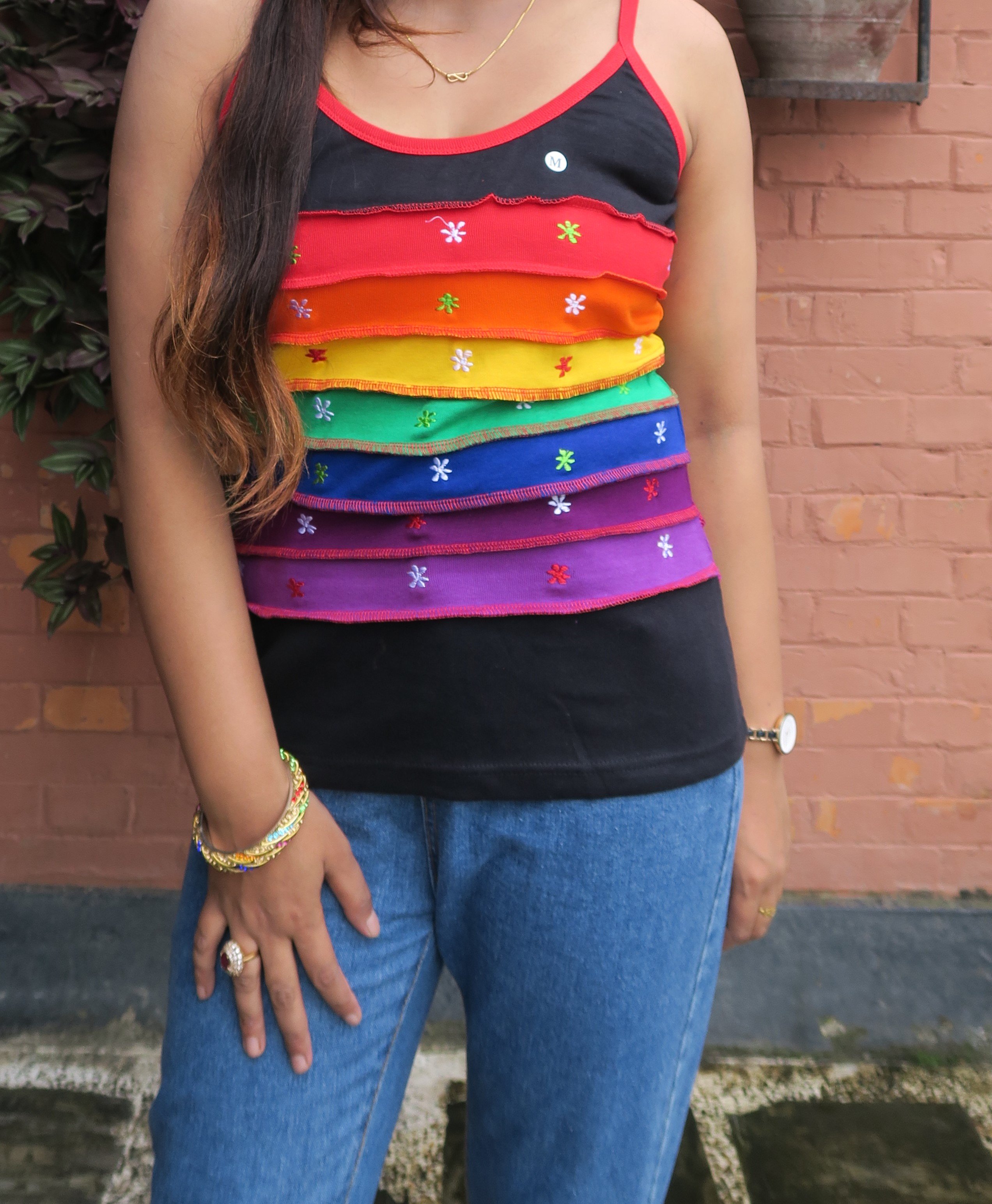 Black Hippie Tank Top with Rainbow Stripes and Embroidery