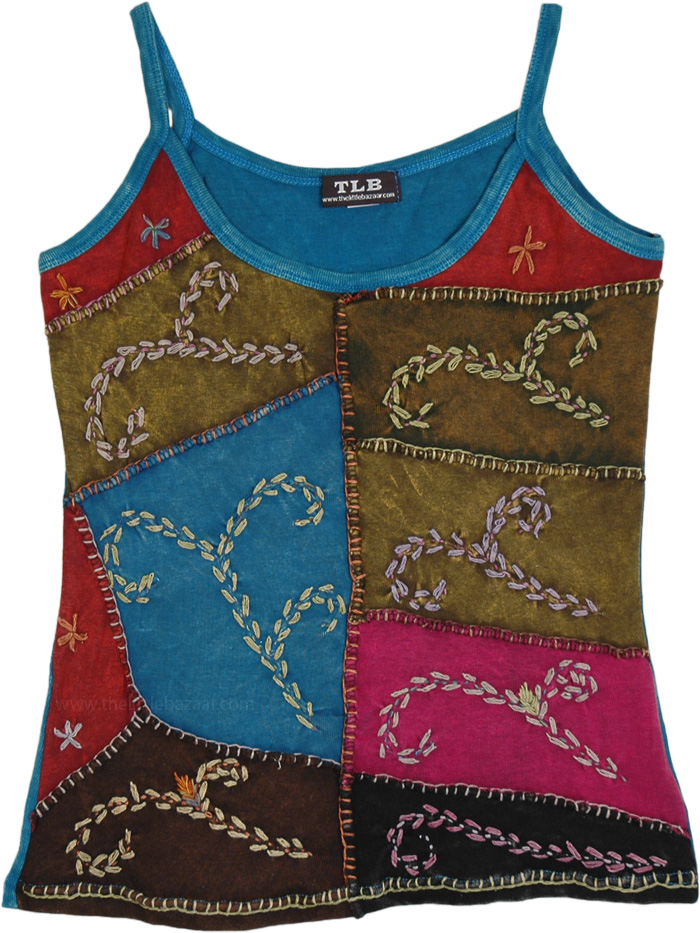 Teal Embroidered Patchwork Boho Tank Top in Cotton