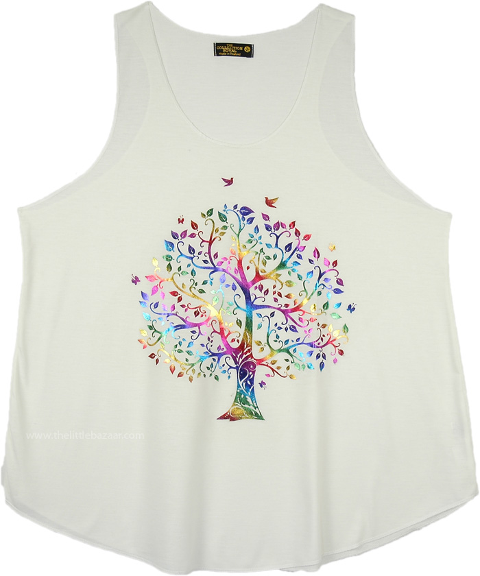 Metallic Tree of Life Graphic Sleeveless White Tee
