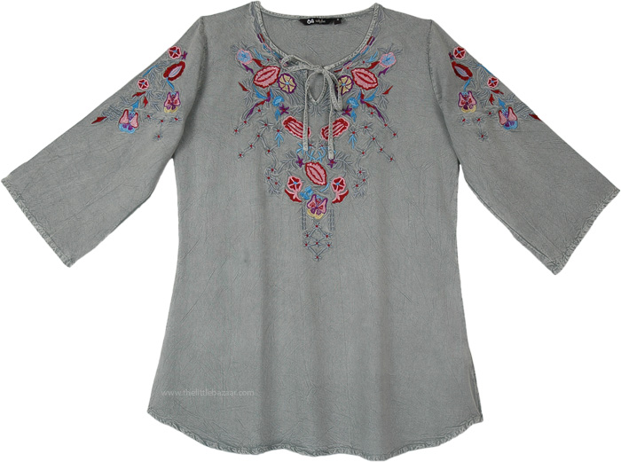 Steel Grey Stonewashed Boho Tunic Top with Embroidery