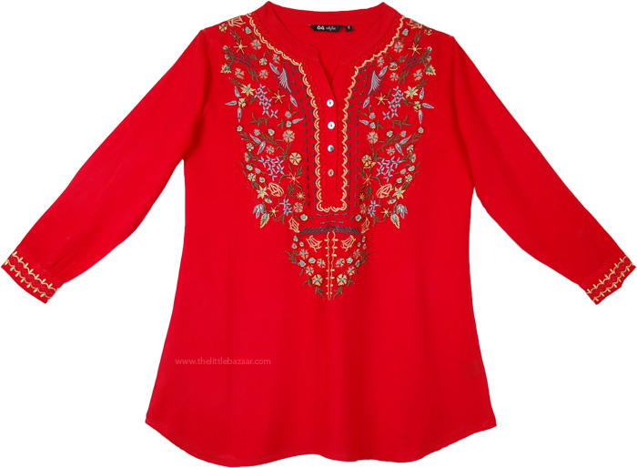 Coral Red Boho Tunic Top with Multicolored Embroidery