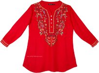 Red Tunic Style Shirt Top with Floral Embroidery [6670]