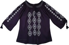 Front Tie Style Tunic Top in Navy Blue with Embroidery [6671]