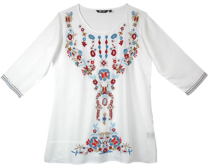 White Tunic Style Shirt Top with Floral Embroidery, Pearl White Boho Tunic Top with Multicolored Embroidery