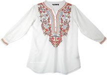 White Tunic Style Shirt Top with Floral Embroidery [6675]