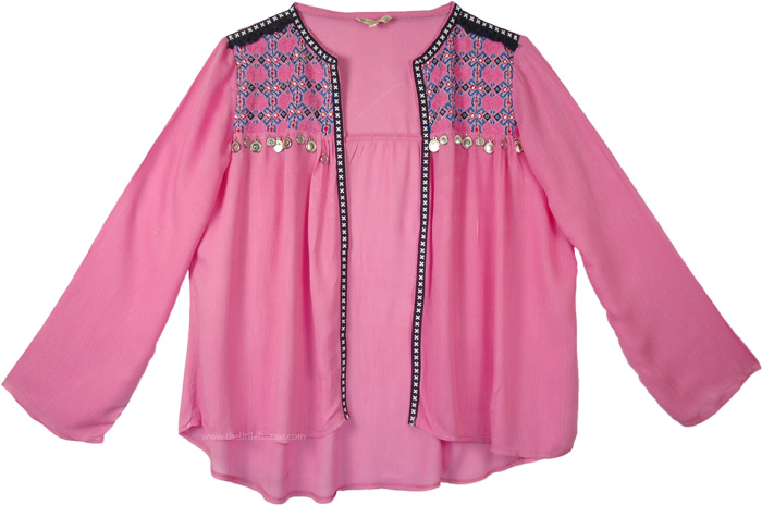 Pink Tunic Style Shrug Cover Up with Tribal Style Embroidery, Pretty Pink Boho Embroidered Shrug Open Tunic with Coins